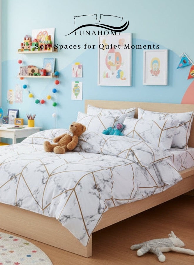 LUNA Home Single size 4 piece set  (1 Duvet cover - 160*210cm.1 Fitted sheet - 100*200+30cm. 2 Pillow cases - 50*75cm.), Bedding set without filler for kids bedroom, with marble pattern. - Image 1